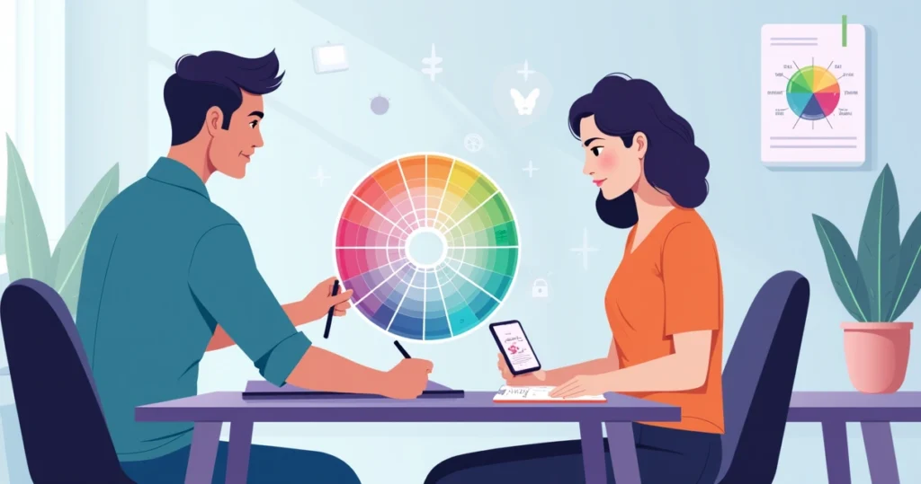 Coach and client reviewing a colorful life wheel chart on a digital tablet