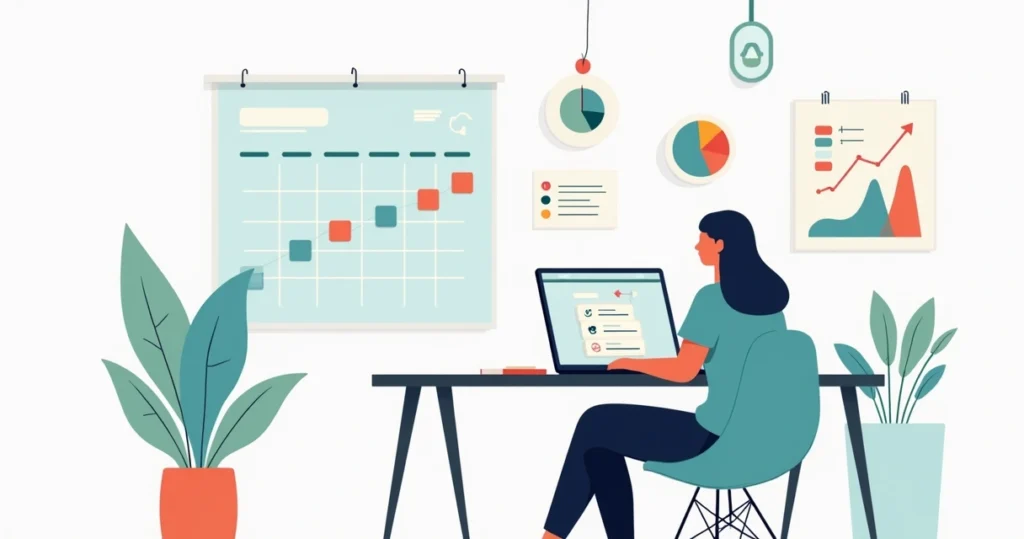 Person planning month on calendar with goals and progress charts