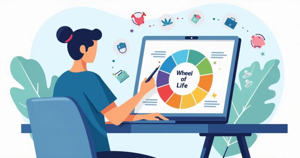 Person customizing a colorful life wheel on a laptop screen