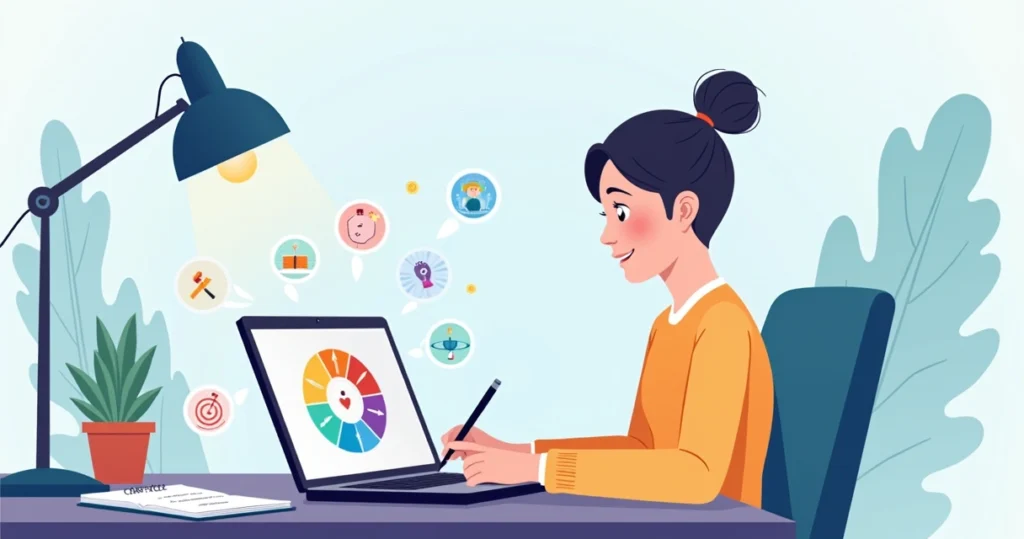 Person planning weekly priorities using a colorful life balance wheel on a digital device