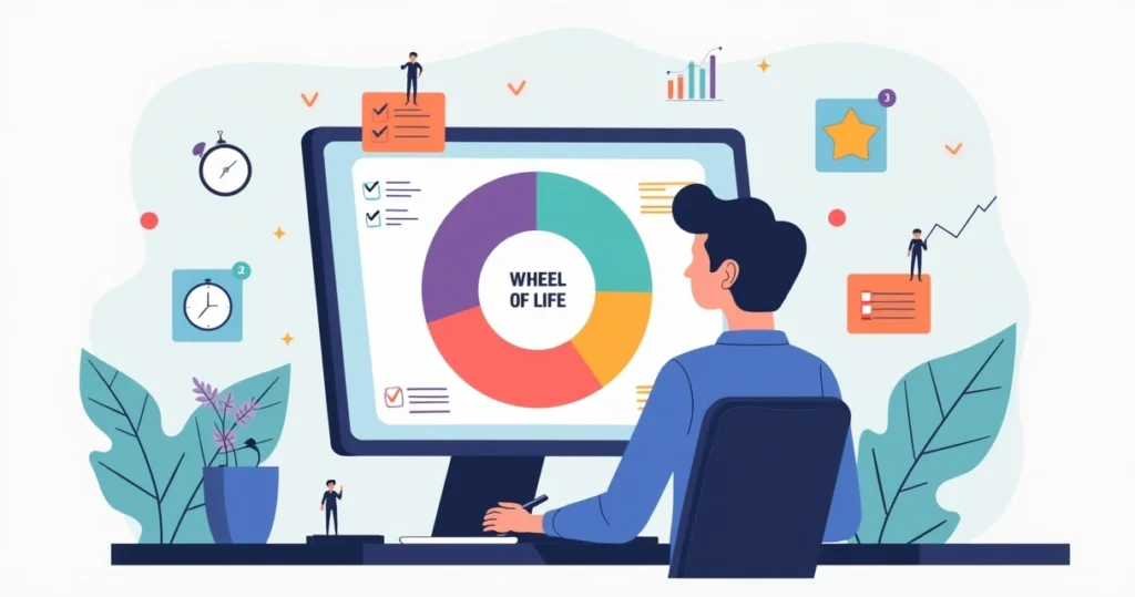 Person reviewing an unbalanced wheel of life chart with notes on mistakes and improvements
