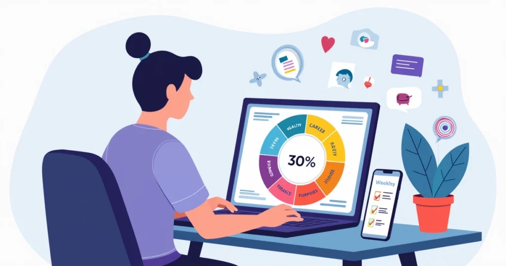 Person analyzing colorful wheel of life chart on a digital device
