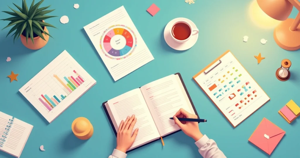 Flat illustration of a person reflecting on the past year using different planning tools